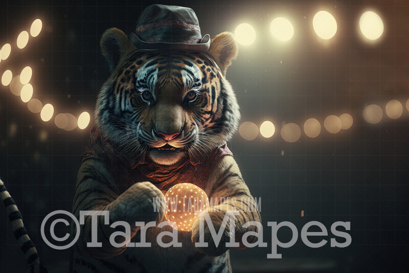 Circus Tiger Digital Background -  Tiger Wearing Hat in Circus Arena - Circus Digital Background (JPG FILE)