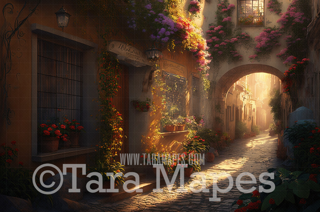 Old World Cobblestone Street Digital Backdrop - Italian Street with Cascading Flowers - Old Street Digital Background
