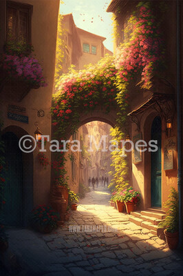 Old World Cobblestone Street Digital Backdrop - Italian Street with Cascading Flowers - Old Street Digital Background