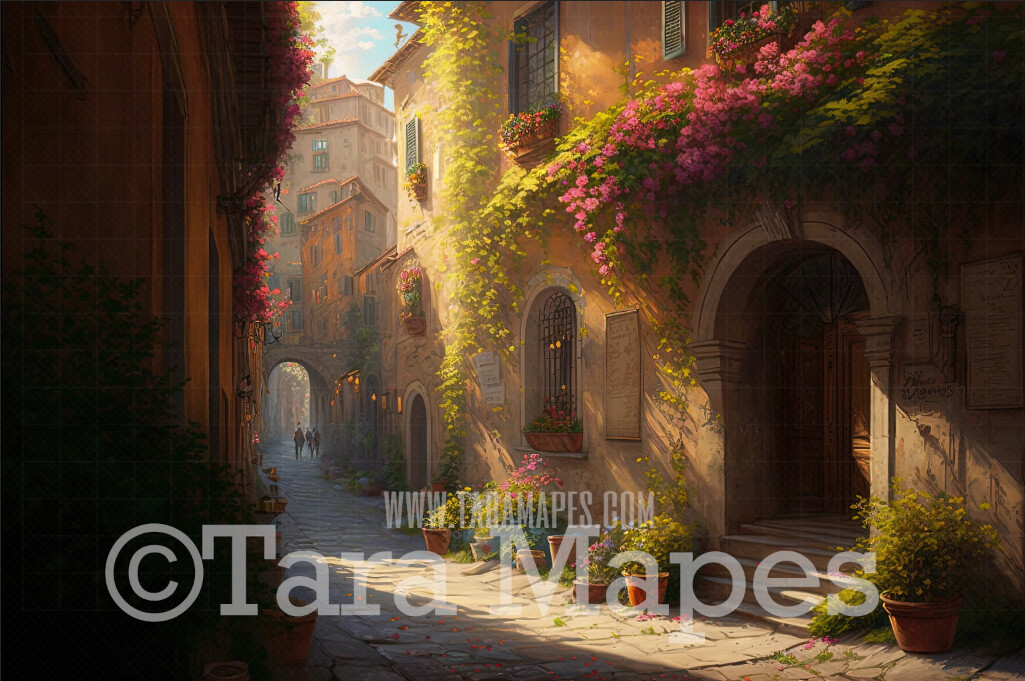 Old World Cobblestone Street Digital Backdrop - Italian Street with Cascading Flowers - Old Street Digital Background