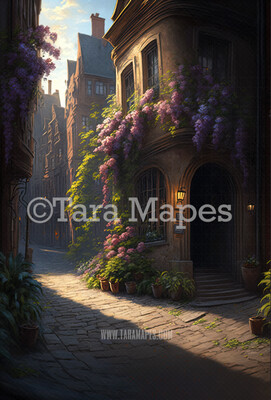 Old World Cobblestone Street Digital Backdrop - Italian Street with Cascading Flowers - Old Street Digital Background