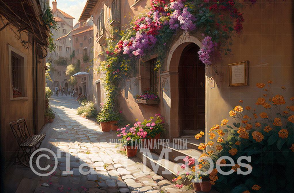 Old World Cobblestone Street Digital Backdrop - Italian Street with Cascading Flowers - Old Street Digital Background