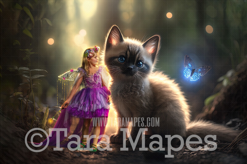 Fairy Cat Digital Backdrop - Magical Fairy Cat in Forest Digital Background - Glowing Fairy Cat Digital Background JPG