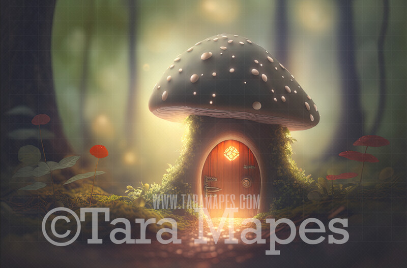 Fairy Mushroom Digital Backdrop - Magical Fairy Mushroom House in Forest Digital Background - Glowing Fairy Mushroom Digital Background JPG