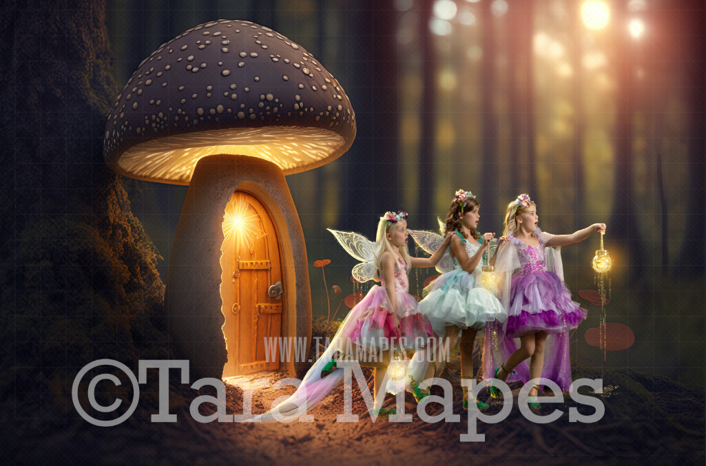 Fairy Mushroom Digital Backdrop - Magical Fairy Mushroom House in Forest Digital Background - Glowing Fairy Mushroom Digital Background JPG