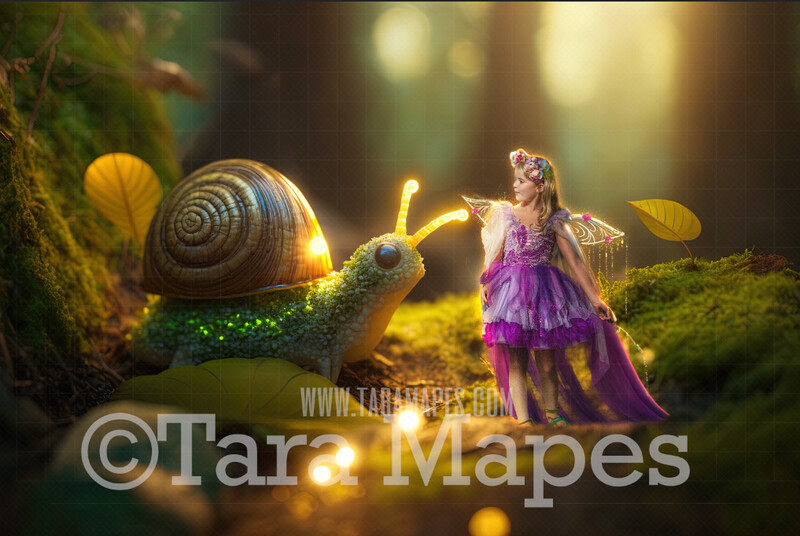 Fairy Snail Digital Backdrop - Magical Fairy Snail in Forest Digital Background - Glowing Fairy Snail Digital Background JPG