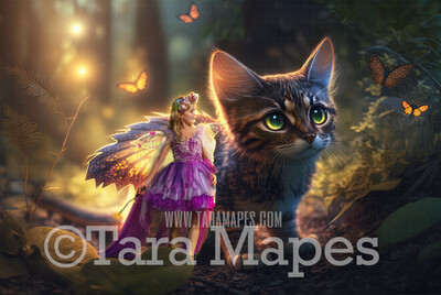Fairy Cat Digital Backdrop - Magical Fairy Cat in Forest Digital Background - Glowing Fairy Cat Digital Background JPG