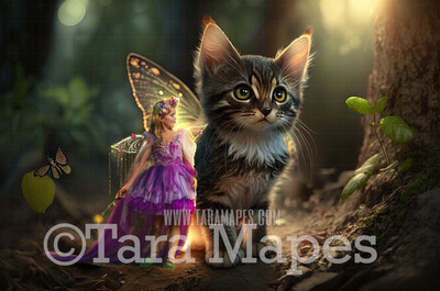 Fairy Cat Digital Backdrop - Magical Fairy Cat in Forest Digital Background - Glowing Fairy Cat Digital Background JPG