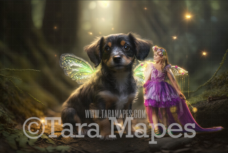 Fairy Puppy Digital Backdrop - Magical Fairy Dog in Forest Digital Background - Glowing Fairy Dog Digital Background JPG