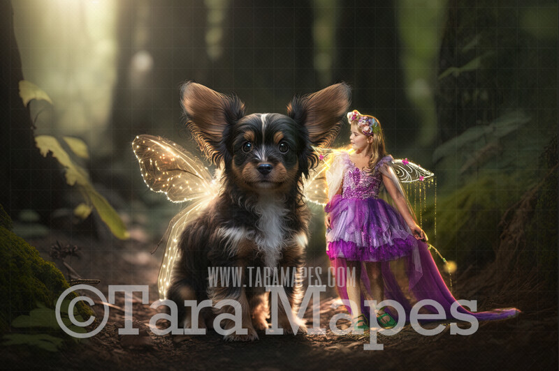 Fairy Puppy Digital Backdrop - Magical Fairy Dog in Forest Digital Background - Glowing Fairy Dog Digital Background JPG