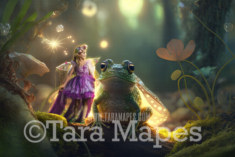 Fairy Frog Digital Backdrop - Magical Frog Snail in Forest Digital Background - Glowing Frog Snail Digital Background JPG