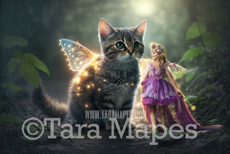 Fairy Cat Digital Backdrop - Magical Fairy Cat in Forest Digital Background - Glowing Fairy Cat Digital Background JPG