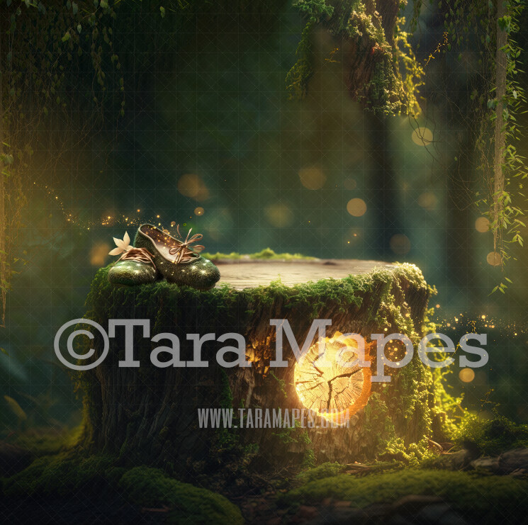 Fairy Tree Stump Digital Backdrop - Fairy Slippers on Fairy Stump Digital Background JPG