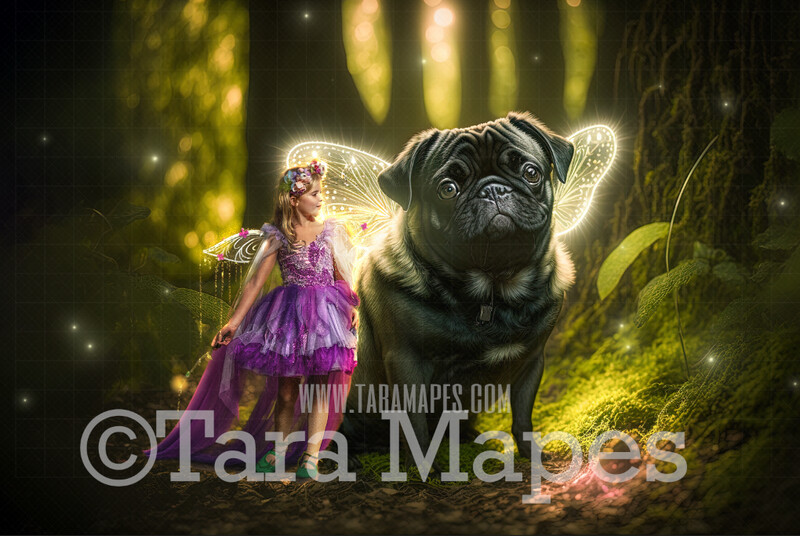 Fairy Pug Digital Backdrop - Magical Fairy Pug in Forest Digital Background - Glowing Fairy Pug Digital Background JPG