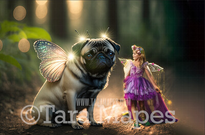 Fairy Pug Digital Backdrop - Magical Fairy Pug in Forest Digital Background - Glowing Fairy Pug Digital Background JPG