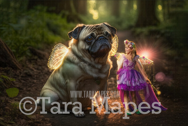 Fairy Pug Digital Backdrop - Magical Fairy Pug in Forest Digital Background - Glowing Fairy Pug Digital Background JPG