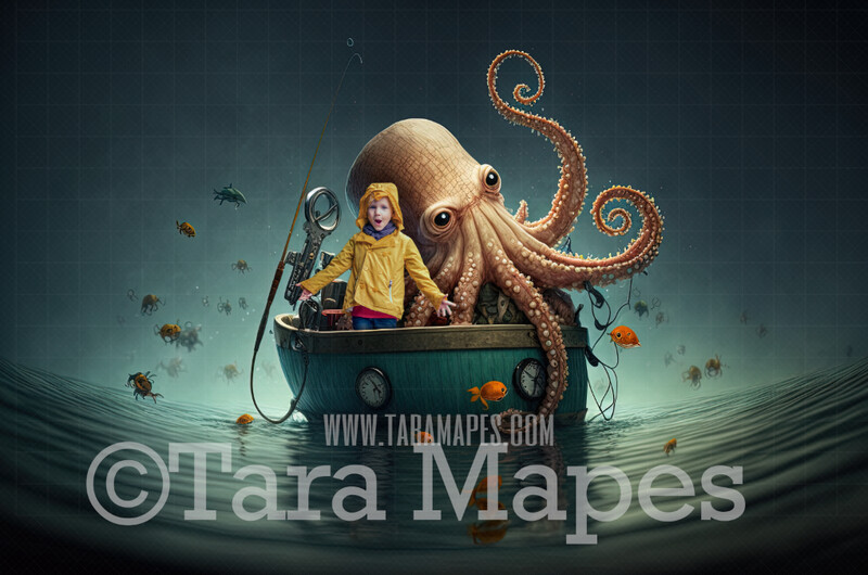 Whimsical Octopus Fishing Digital Backdrop - Surreal Octopus Fishing in Boat on Ocean Digital Background JPG