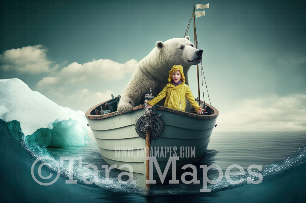 Whimsical Polar Bear in Boat Digital Backdrop - Polar Bear Fishing Digital Backdrop - Surreal Polar Bear Fishing in Boat on Ocean Digital Background JPG