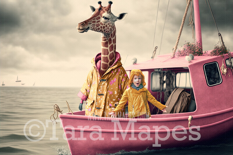 Whimsical Giraffe in Boat Digital Backdrop - Giraffe in Rain Coat Fishing Digital Backdrop - Surreal Giraffe Fishing in Boat on Ocean Digital Background JPG