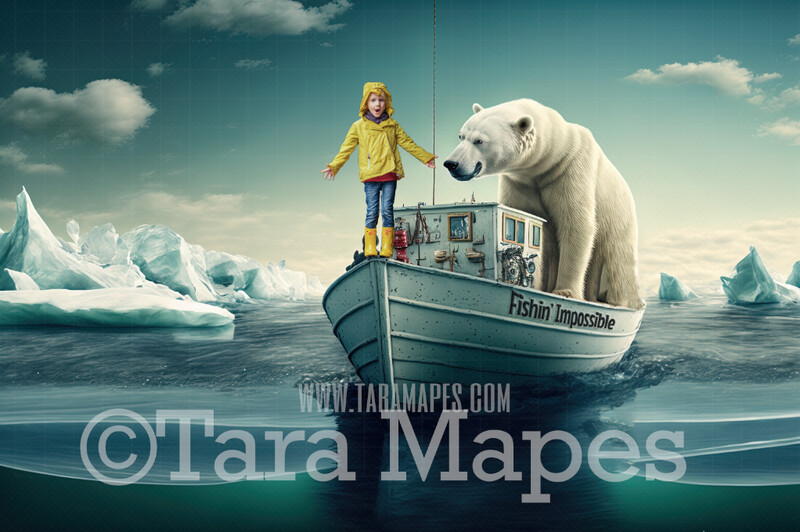 Whimsical Polar Bear in Boat Digital Backdrop - Polar Bear Fishing Digital Backdrop - Surreal Polar Bear Fishing in Boat on Ocean Digital Background JPG