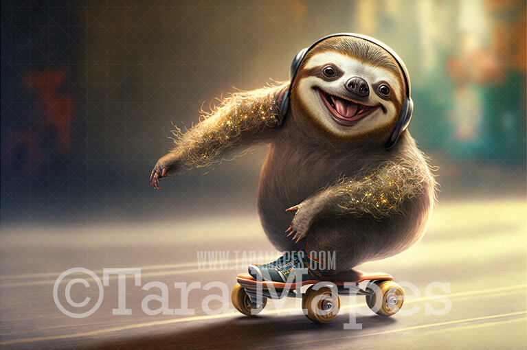 Whimsical Sloth Skating Digital Backdrop - Funny Sloth Skating Digital Background JPG