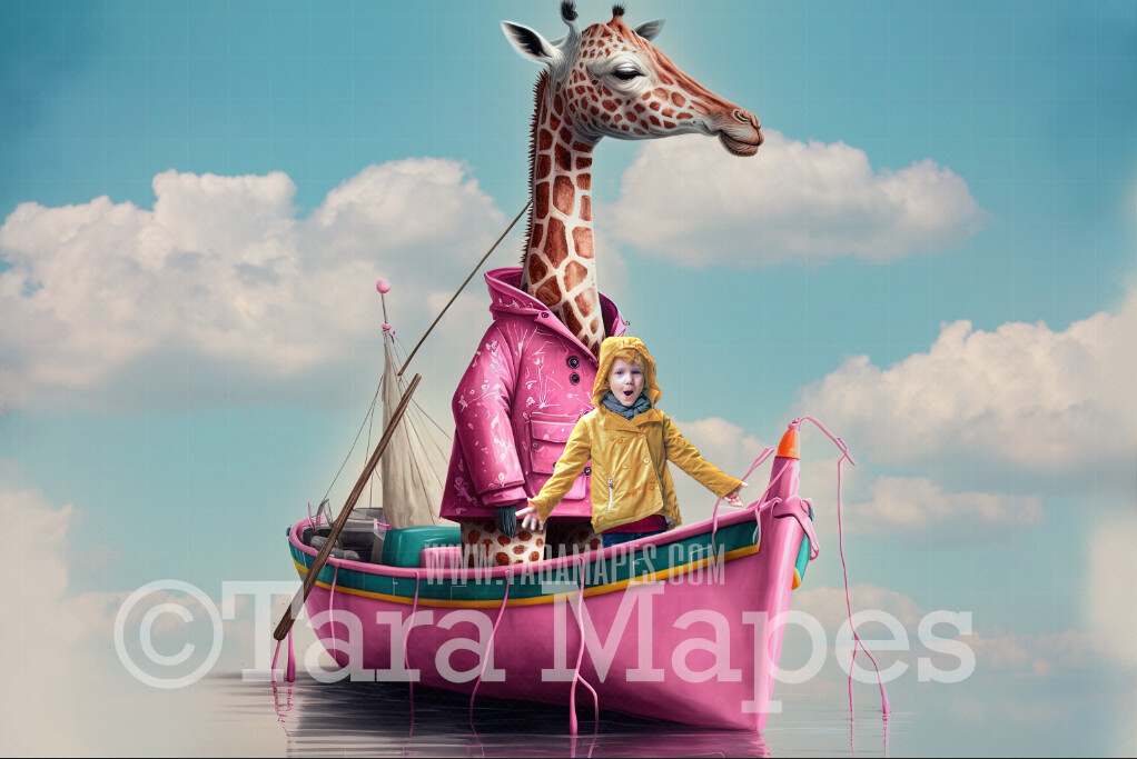 Whimsical Giraffe in Boat Digital Backdrop - Giraffe in Rain Coat Fishing  Digital Backdrop - Surreal Giraffe Fishing in Boat on Ocean Digital