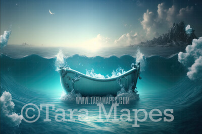 Whimsical Tub in Ocean Digital Backdrop - Bathtub in Ocean - Bath Tub on Ocean Digital Background JPG