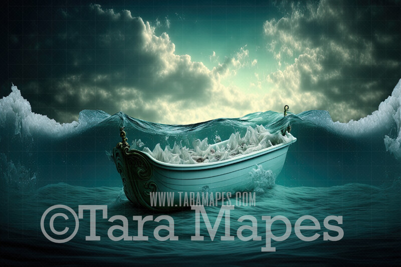 Whimsical Tub in Ocean Digital Backdrop - Bathtub in Ocean - Bath Tub on Ocean Digital Background JPG