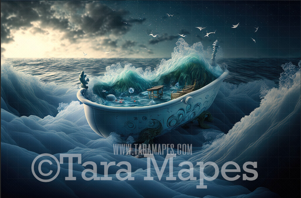 Whimsical Tub in Ocean Digital Backdrop - Bathtub in Ocean - Bath Tub on Ocean Digital Background JPG