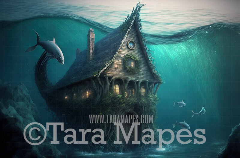 Whimsical Mermaid House in Ocean Digital Backdrop - Mermaid Home in Ocean Digital Background JPG