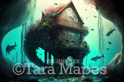 Whimsical Mermaid House in Ocean Digital Backdrop - Mermaid Home in Ocean Digital Background JPG