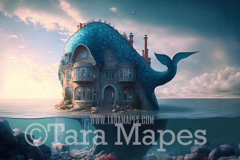 Whimsical Mermaid House in Ocean Digital Backdrop - Mermaid Home in Ocean Digital Background JPG