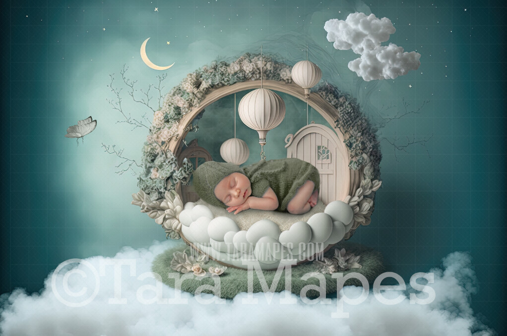 Newborn Digital Backdrop - Whimsical Floral Newborn Digital Background - Clouds and Hot Air Balloons Newborn Digital - Baby Newborn Digital Background
