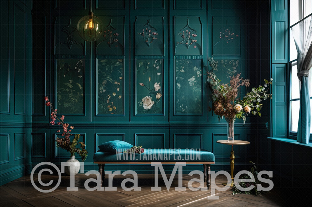 Teal Vintage Room Digital Backdrop - Teal Room with Sofa and Flowers - Vintage Victorian Room Digital Background JPG