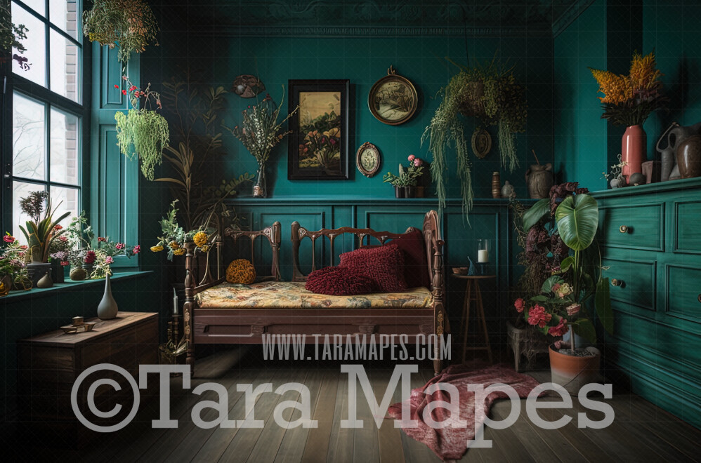 Teal Boho Room Digital Backdrop - Teal Room with Plants and Flowers - Vintage Victorian Room Digital Background JPG