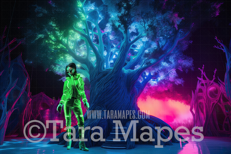 Alien World Digital Backdrop  -  Otherworldly Tree - Neon Alien Tree in Alien World Digital Background JPG FILE