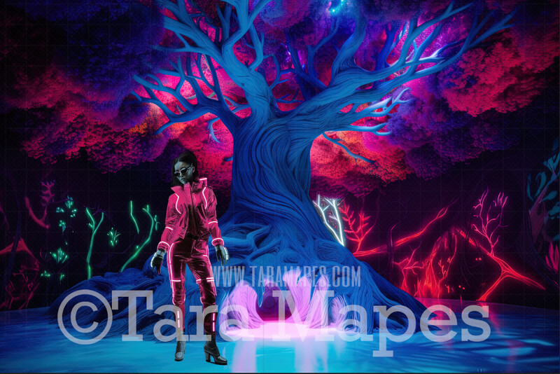 Alien World Digital Backdrop  -  Otherworldly Tree - Neon Alien Tree in Alien World Digital Background JPG FILE