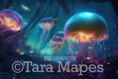 Floating Jellyfish Digital Backdrop - Jellyfish Digital Background - Jellyfish Fantasy Digital Background JPG