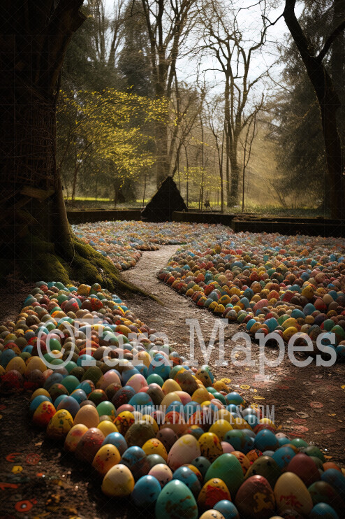 Easter Egg Forest Digital Backdrop - Whimsical Easter Egg Path in Forest - Easter Digital Background JPG - Easter Digital