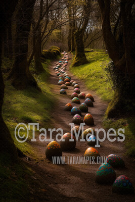 Easter Egg Forest Digital Backdrop - Whimsical Easter Egg Path  in Forest - Easter Digital Background JPG - Easter Digital