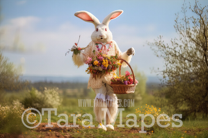 Androgynous  Easter Bunny Digital Backdrop -  Easter Bunny with Baskets with Baskets of Flowers in Field - Easter Digital Background / Backdrop JPG