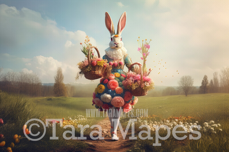 Female Easter Bunny Digital Backdrop - Girl Easter Bunny with Baskets with Baskets of Flowers in Field - Easter Digital Background / Backdrop JPG