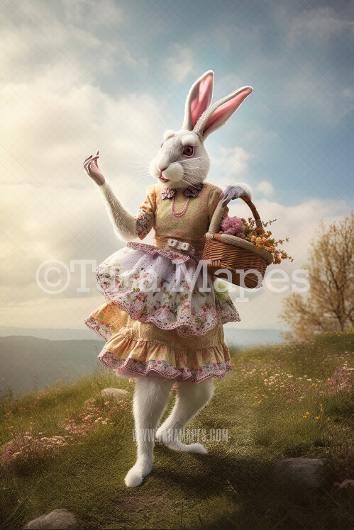 Female Easter Bunny Digital Backdrop - Girl Easter Bunny with Baskets with Baskets of Flowers in Field - Easter Digital Background / Backdrop JPG
