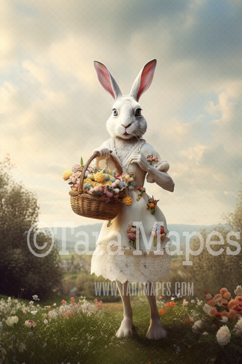 Female Easter Bunny Digital Backdrop - Girl Easter Bunny with Baskets with Baskets of Flowers in Field - Easter Digital Background / Backdrop JPG