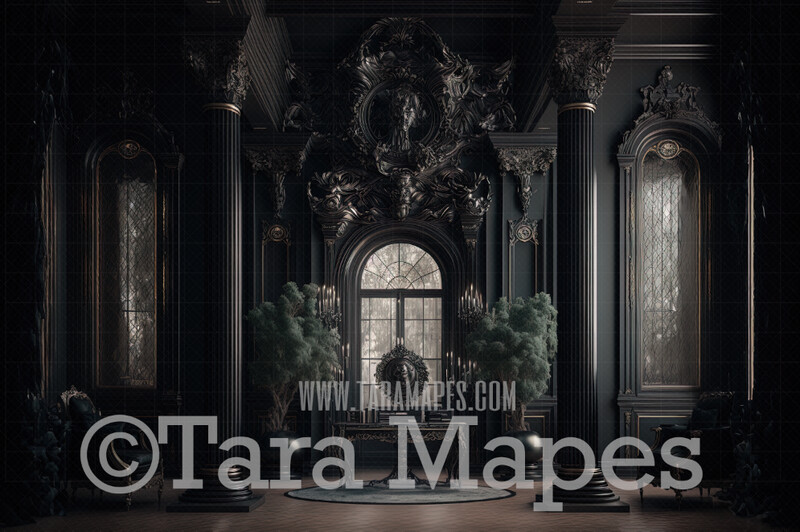 Ornate Black Room Digital Background (JPG FILE) -  Gothic Room with Silk Black Curtains - Black Room Digital Background
