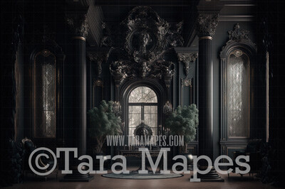 Ornate Black Room Digital Background (JPG FILE) -  Gothic Room with Silk Black Curtains - Black Room Digital Background