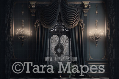Ornate Black Room Digital Background (JPG FILE) -  Gothic Room with Silk Black Curtains - Black Room Digital Background