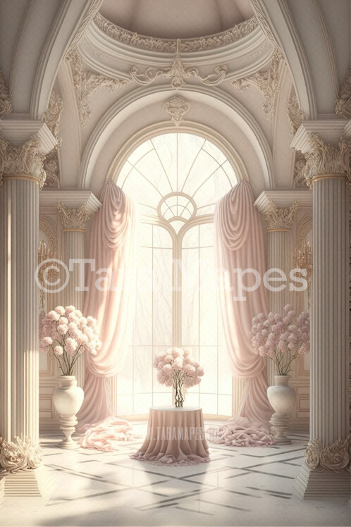 Ornate Pink and White Room Digital Backdrop - Pastel Baroque Pink Sitting Room with Silk Curtains - Pink Room  Digital Background JPG