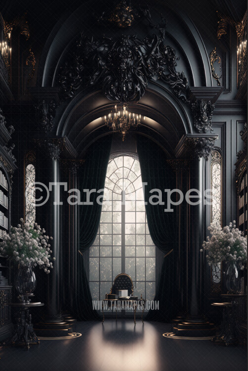 Ornate Black Room Digital Backdrop - Black Baroque Room with Silk Curtains  Digital Background JPG