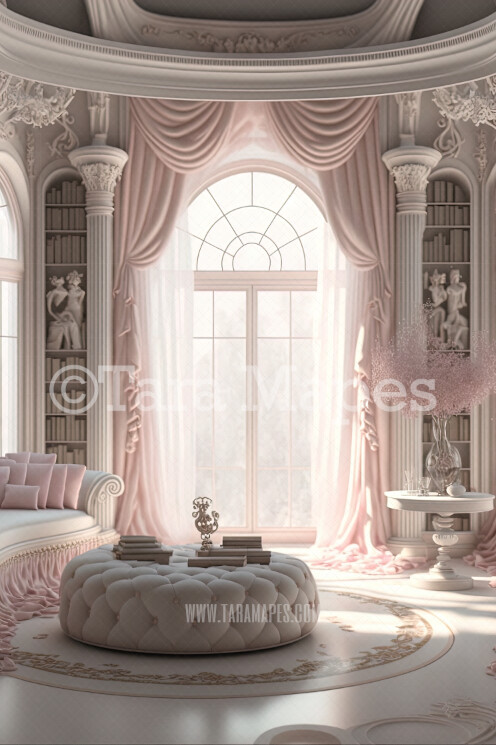 Ornate Pink and White Library Room Digital Backdrop - Pastel Baroque Pink Book Room with Silk Curtains - Pink Room  Digital Background JPG